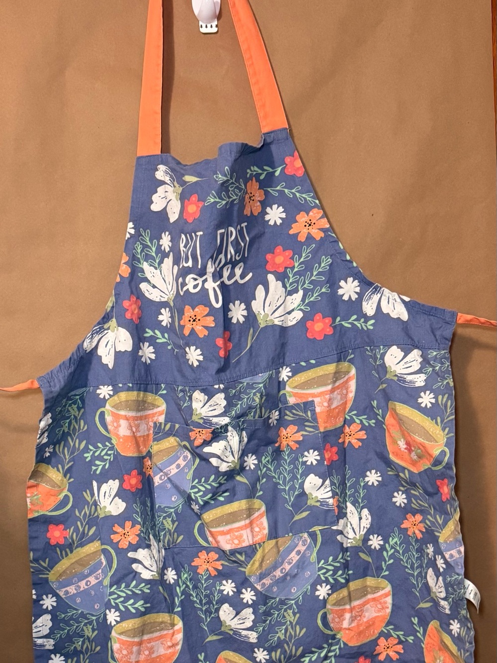 Floral Kitchen Apron Slate Blue Coral Orange Mugs Pocket One Size